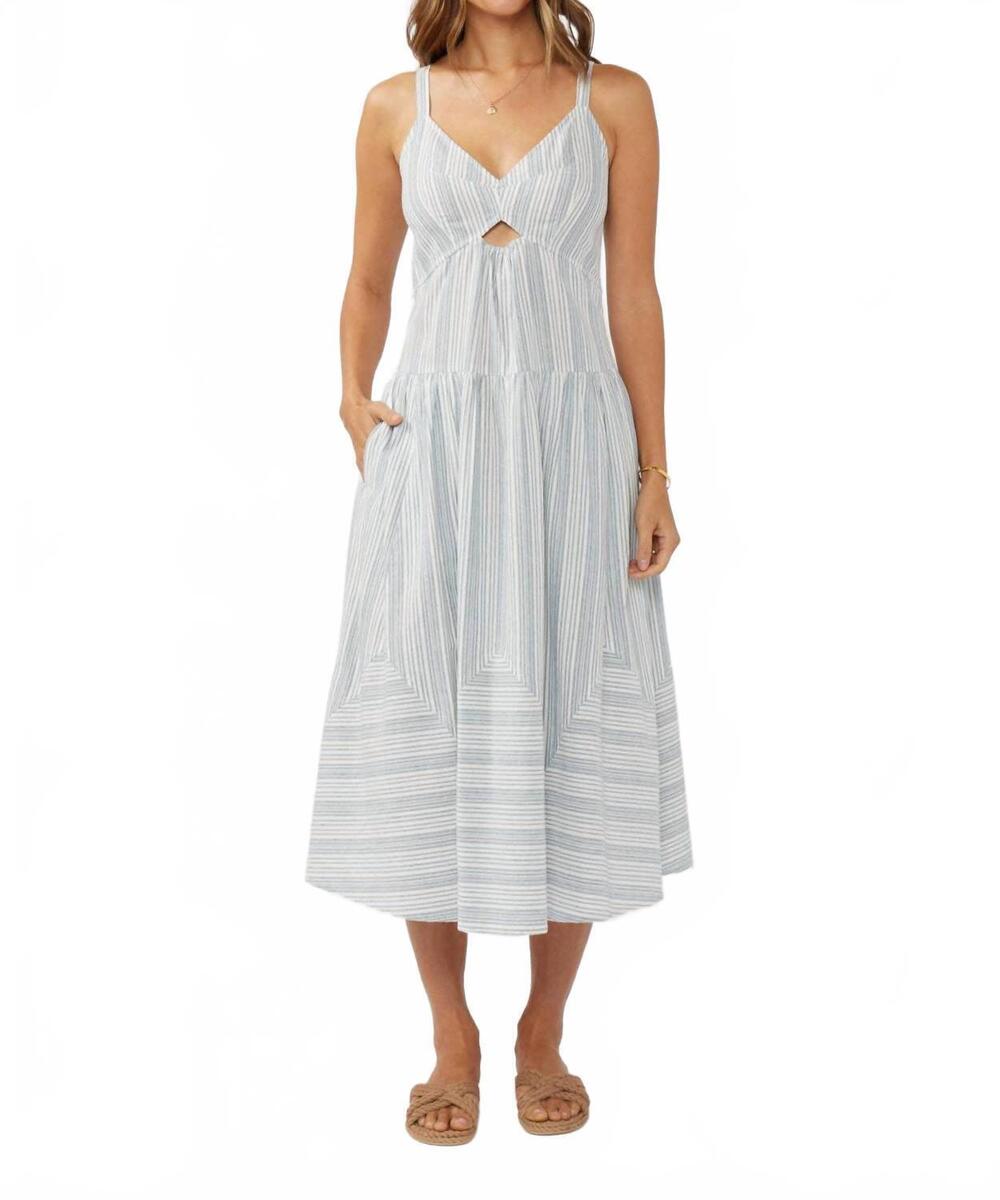 NEW LOVESTITCH striped v cut-out midi dress in white/ denim blue